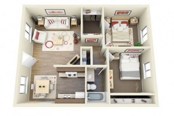 Thiết kế căn hộ chung cư 60m2 2 phòng ngủ