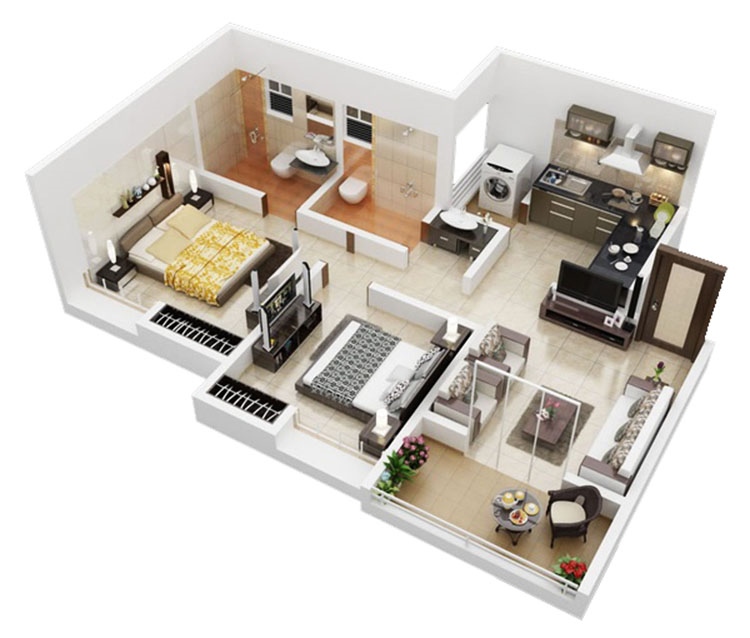 Thiết kế nội thất chung cư 60m2 với 2 phòng ngủ