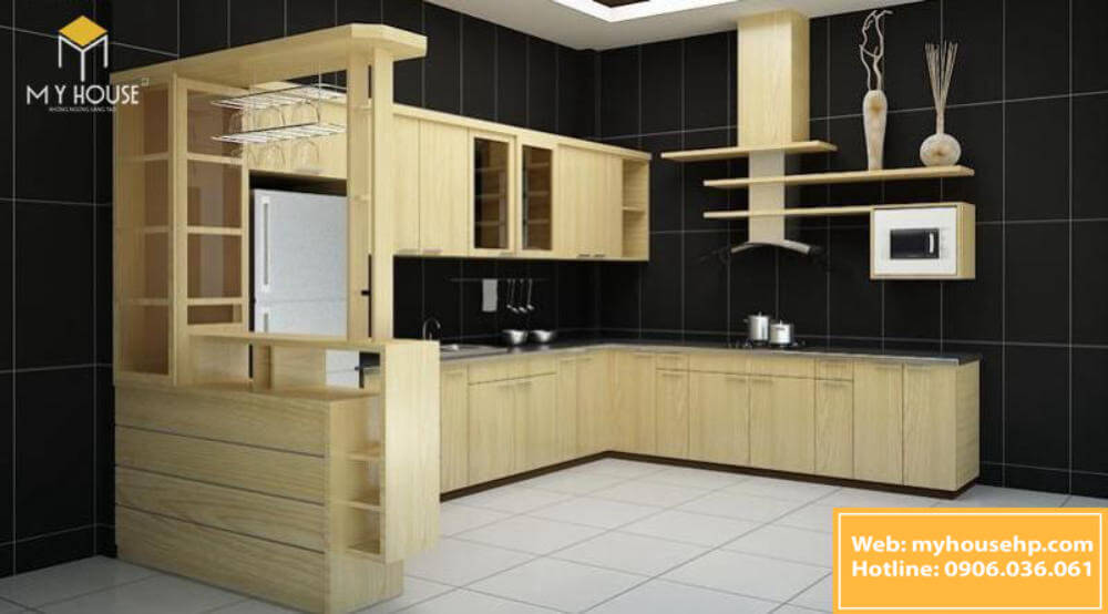 Mẫu tủ bếp bằng gỗ Sồi hình chữ L với thiết kế đơn giản cho phòng bếp nhỏ